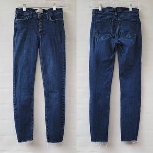 Free People Skinny Jeans Size 26 Dark Blue Exposed Fly Raw Hems Minimalist Jeans